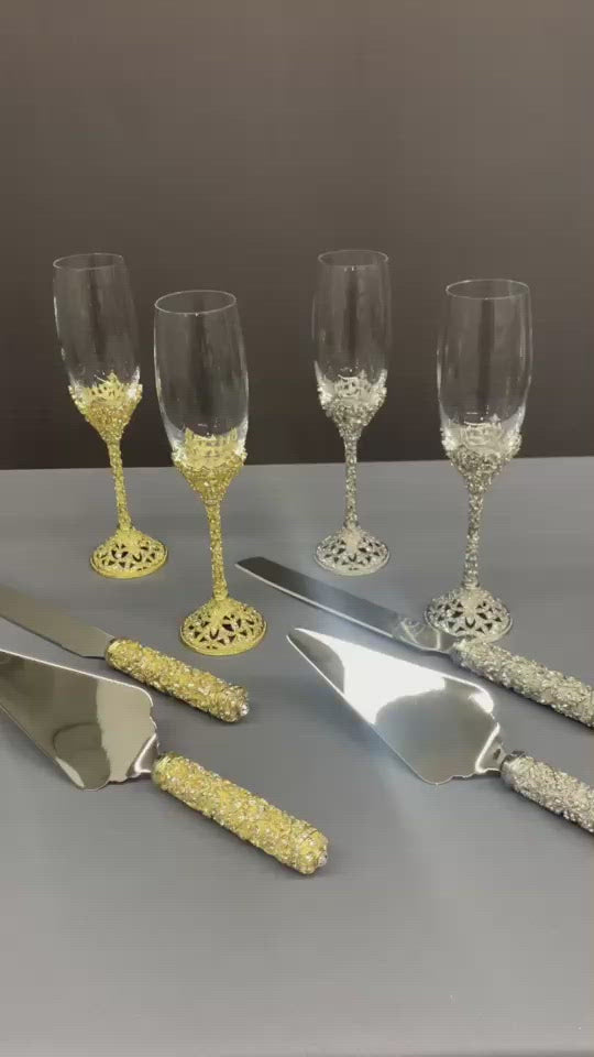 Crystal Silver Rhinestones Set Crystal Flute Glasses Rhinestones Cake  Servics Set Champagne Crystal Rhinestones Set Rhinestones Forks Set 