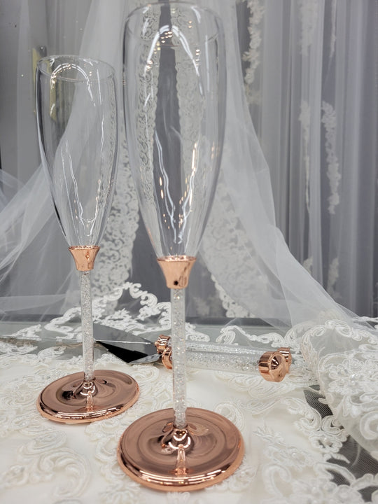 Wedding glasses buy and cake server set Toasting flutes rose gold bride and groom Champagne glasses Wedding flutes and cake set of4